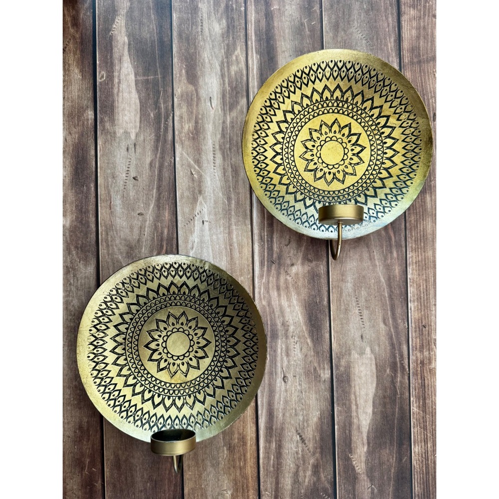 Gold Mandala Wall Sconce Set of 2 Metal Tea Light Candle Holders Boho‎ Decor